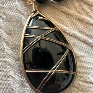 Chic Black and Gold Wire-Wrapped Pendant Necklace